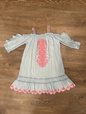 Hannah Banana Girls 7 Boho Off Shoulder Dress Blue Pink Embroidered Cold Shoulde